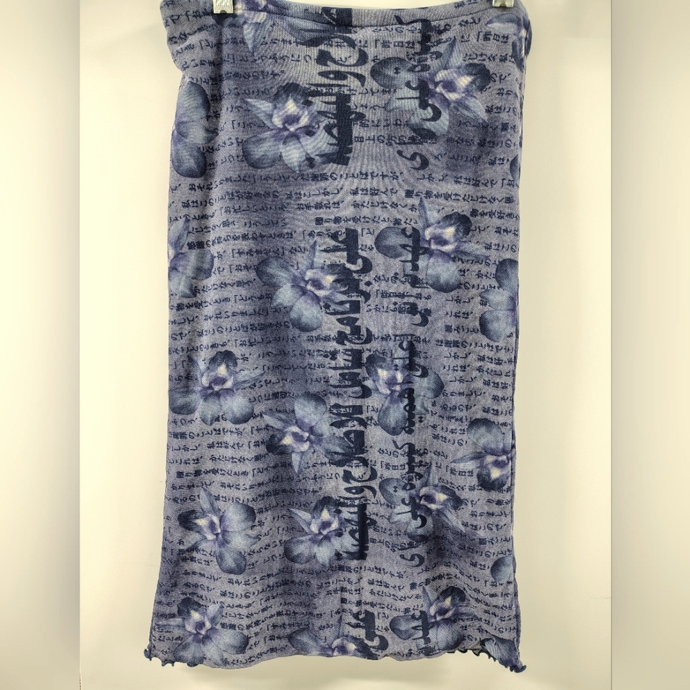 VINTAGE Y2K SWEET PEA MESH STRETCH MIDI SKIRT IN DEEP INDIGO w ORCHIDS, TRAVELER